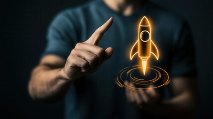 A male individual of uncertain ethnicity points at a glowing rocket icon, symbolizing innovation and ambition in technology and entrepreneurship against a dark background.