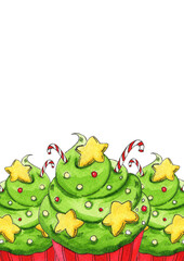 A row of Christmas cupcakes with green tree-shaped frosting, yellow stars, sprinkles, and candy canes. White background is suitable for layouts, menus, and greeting cards.
