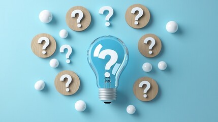 A creative composition featuring a light bulb surrounded by wooden circles and white balls, symbolizing questions and ideas, set against a calming blue background.