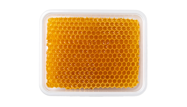 Sweet Honeycomb in Plastic Box, Isolated on Transparent Background