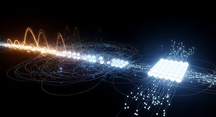 Abstract representation of data flow, with light trails connecting a square grid to a wave pattern.