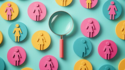 A colorful arrangement of gender symbols in pink, yellow, and turquoise with a magnifying glass placed in the center, symbolizing exploration of gender identity and inclusivity.