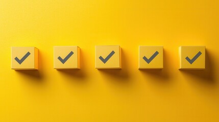 Five yellow blocks with check marks aligned in a row, symbolizing completion and success. The bright yellow background enhances the cheerful and optimistic mood.