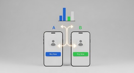Two smartphones displaying "Buy Now" buttons with arrows indicating A/B testing and a bar graph above.