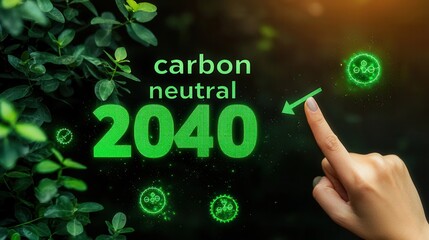 A close-up of a hand pointing at the glowing text 'carbon neutral 2040', surrounded by green leaves and circular symbols, symbolizing environmental sustainability and a greener future.