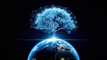 Digital tree of life growing from earth global network connection technology background animation loop - Powered by Adobe