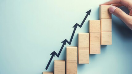 A close-up of a hand placing a wooden block on a rising chart, symbolizing growth and success in business metrics, with a minimalist background.