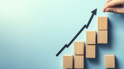 A human hand adjusts a wooden block on a rising graph, symbolizing growth and success in business. The clean blue background emphasizes the theme of progress and achievement.