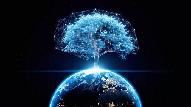 Digital tree of life growing from earth global network connection technology background animation loop