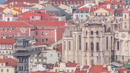 Lisbon from above timelapse: view of Barrio Alto district with Santa Justa Lift and Convento da...