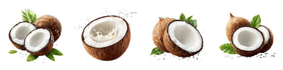Fresh Coconuts with Leaves on White Background