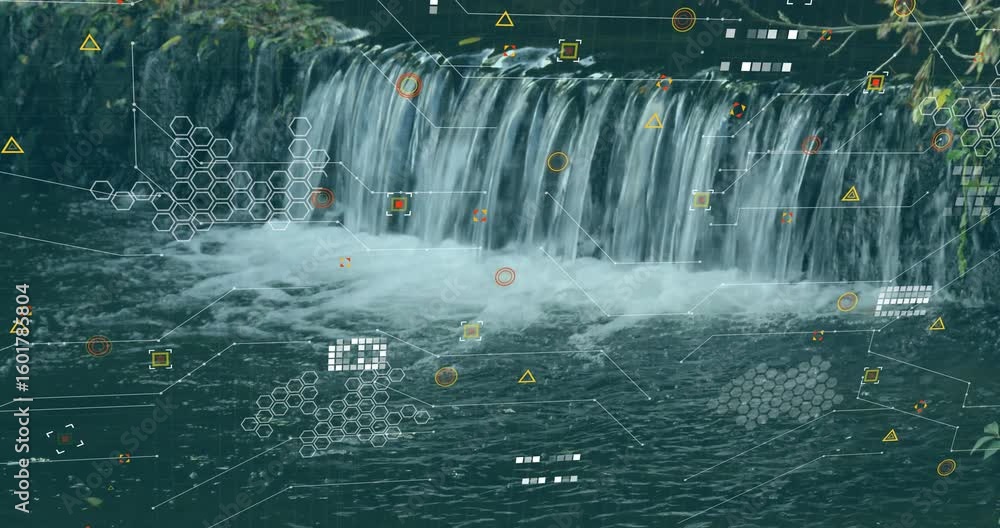 Poster waterfall flowing over rocky ledge, overlays fading in and connecting with lines showing interface