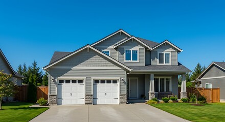 Fototapeta premium Grey house exterior featuring two garage spaces on a blue sky background. Northwest, USA