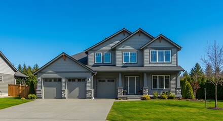 Grey house exterior with two garage spaces on a blue sky background. Northwest, USA