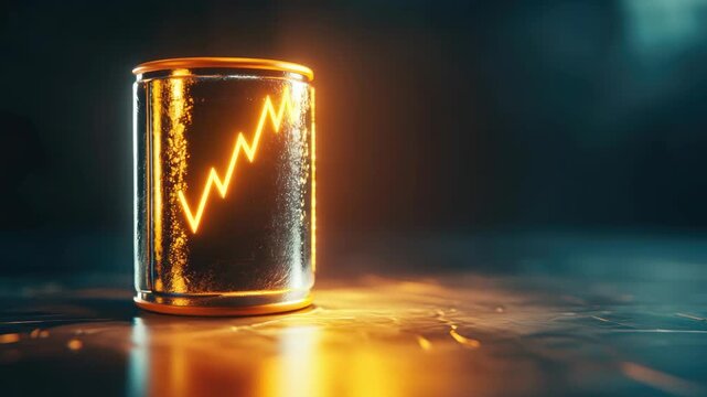 An LED light glowing inside a rechargeable battery with a graphic of an electric circuit on it.