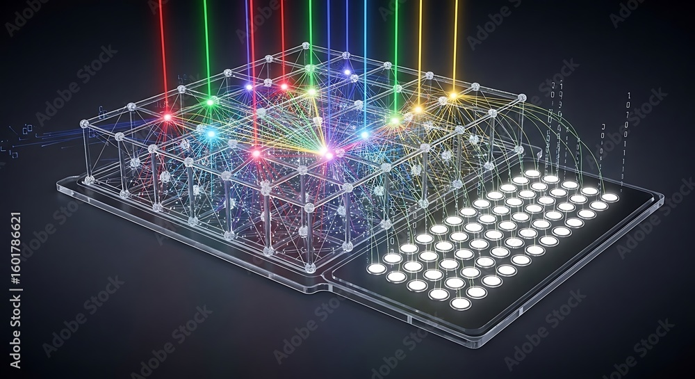 Aufkleber abstract illustration of a technological device with interconnected network and laser beams.