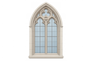 Gothic arch window featuring intricate quatrefoil tracery, transparent backdrop highlighting architectural details