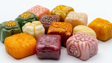 Sweet treats in various hues with traditional motifs from East Asian cultures.