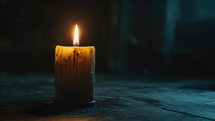 A single lit candle provides a soft, flickering light in a dimly-lit, historical setting. - Powered by Adobe