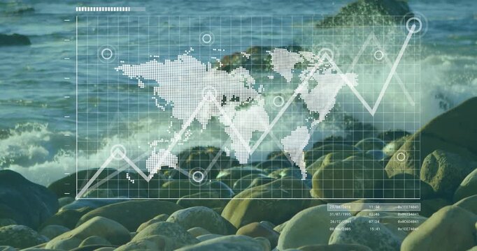 Fading grid overlay on world map, data points emerging and table updating while polyline climbing