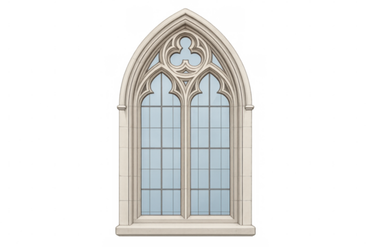 Gothic arch window featuring intricate quatrefoil tracery, transparent backdrop highlighting architectural details