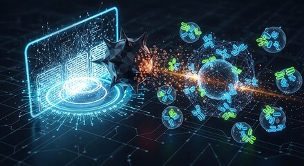 A digital illustration of molecular interaction, showing a complex biological process represented by glowing, interconnected structures.