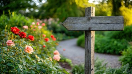 An aged wooden signpost points in various directions amidst a lush rose garden in full bloom, under soft morning light