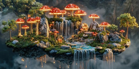 A dreamy, floating island with waterfalls, glowing mushrooms, and surreal creatures
