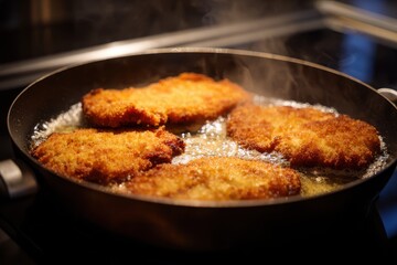 Close up of schnitzels frying on the stove