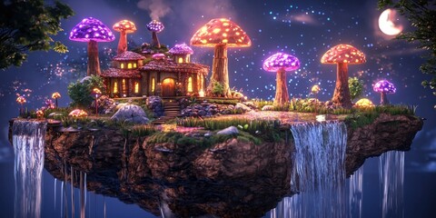 Obraz premium A dreamy, floating island with waterfalls, glowing mushrooms, and surreal creatures