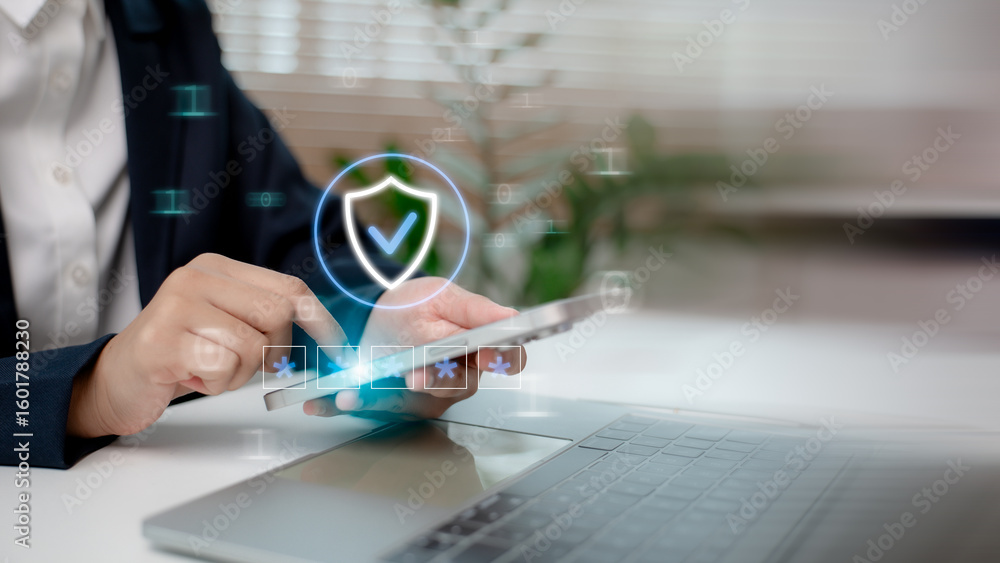 Aufkleber business person using smartphone for secure login with shield icon, representing cybersecurity, data