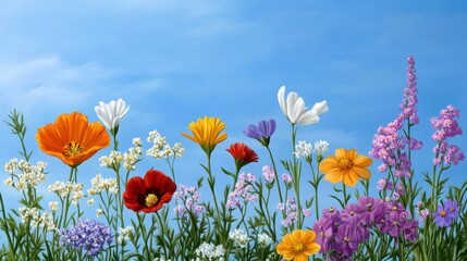 Fototapeta premium Blooming wildflowers swaying in wind under clear skies, evoking harmony