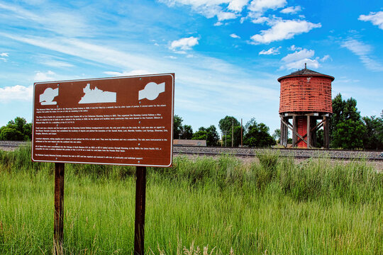 NIobrara County Historical Society Marker for Redwood Water Tank Built by Wyoming Central Railway in 1886 in Lusk Wyoming. 