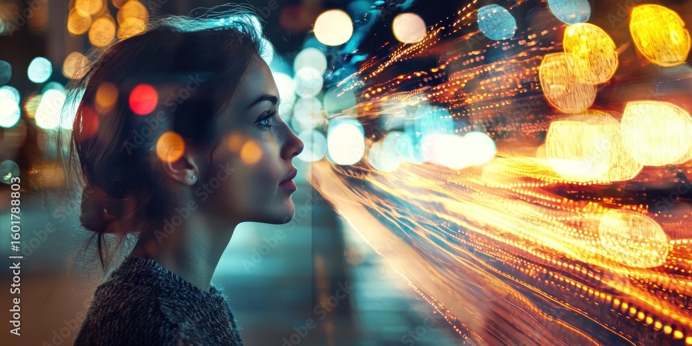 Aufkleber a dynamic composition where rushing traffic lights fade into a portrait of a thoughtful figure