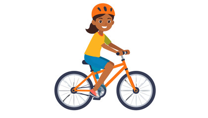 Obraz premium Cheerful dark-skinned girl in an orange helmet joyfully riding a bright orange bicycle.