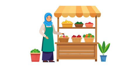 Friendly Muslim woman in a blue hijab and green apron selling produce at a wooden farmers market stall.
