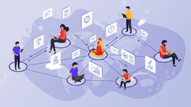 Illustration depicts a network of connected individuals, each using technology, communicating globally. Information flows via lines