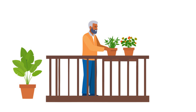 Elderly man with a grey beard and orange sweater tending to potted plants on a balcony.