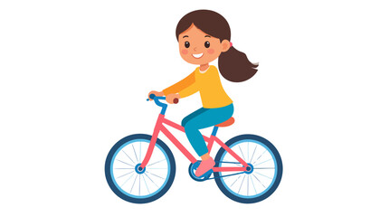 Obraz premium Happy cartoon girl with a brown ponytail riding a colorful pink and blue bicycle.