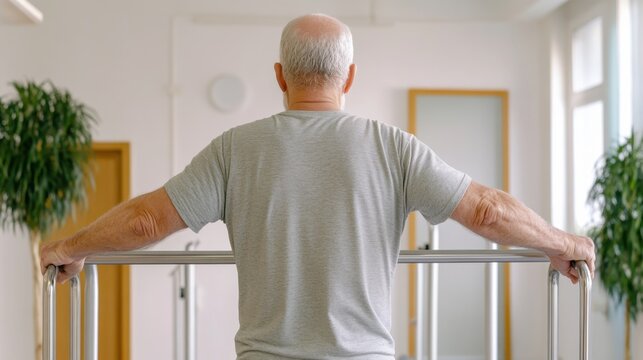 Bright rehab space with an older man using parallel bars, progressing through physiotherapy session