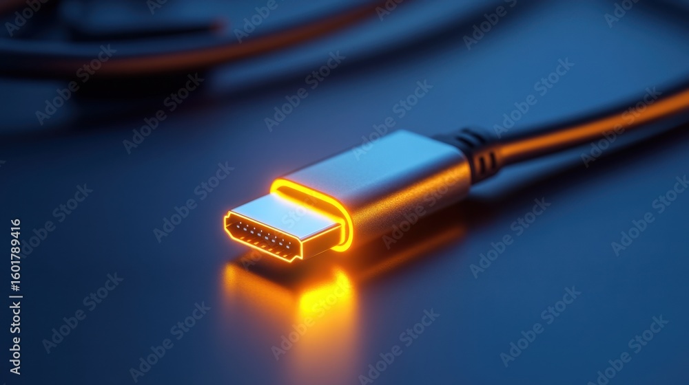 Poster bright usb type-c tip glows like a beacon in total darkness, symbolizing future technology and speed