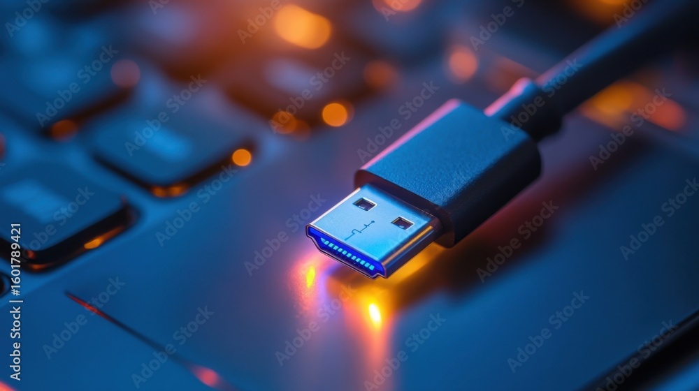 Poster bright usb type-c tip glows like a beacon in total darkness, symbolizing future technology and speed