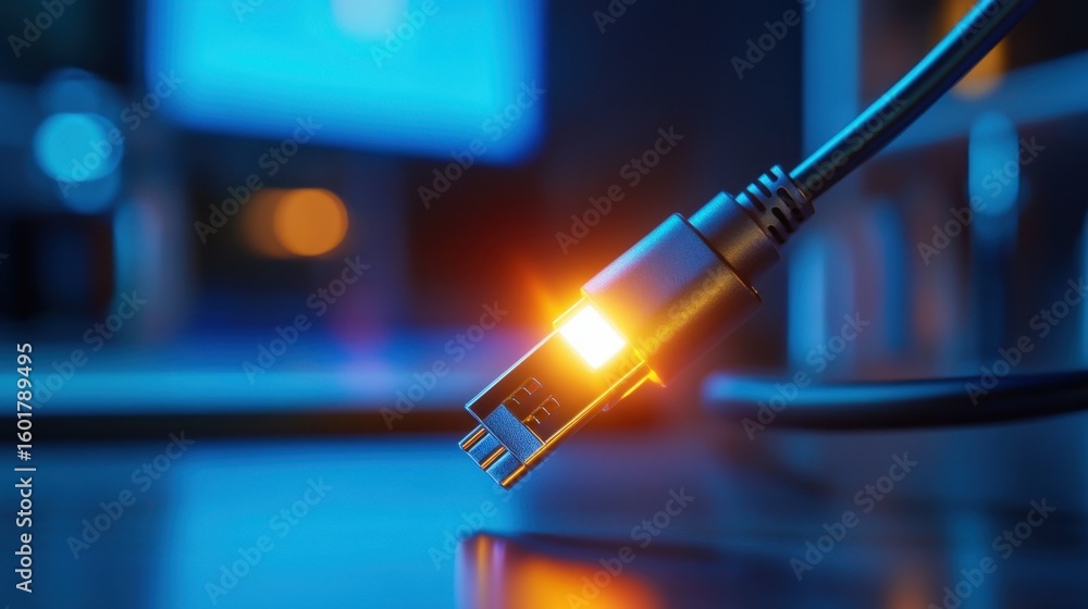 Poster bright usb type-c tip glows like a beacon in total darkness, symbolizing future technology and speed