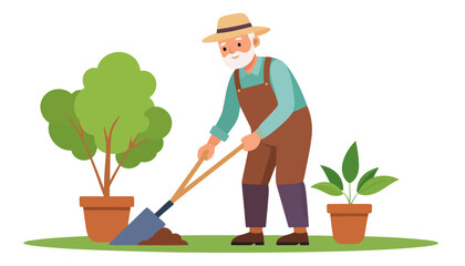 Cheerful elderly man with a white beard, wearing a straw hat and brown overalls, gardening with a shovel.