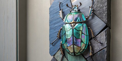 Vibrant metallic beetle art piece displayed on textured slate, showcasing intricate craftsmanship Generative AI
