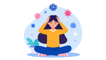 A distressed woman with long dark hair clutches her head, sitting cross-legged while surrounded by floating virus particles.