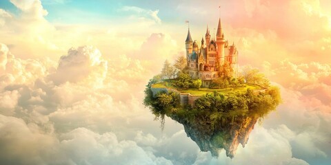 A fairytale-inspired floating castle with lush green gardens, surrounded by soft pastel-colored clouds