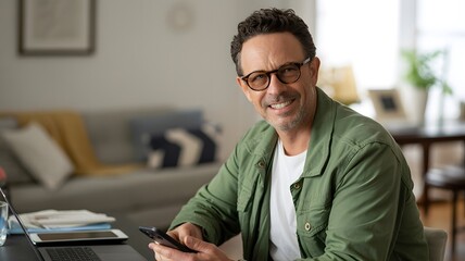 Mature man with glasses smiling confidently while working on a laptop at home