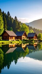 Fototapeta premium Peaceful alpine lake houses