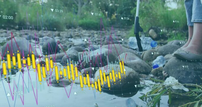 Eco volunteer cleaning riverbank after spotting bottle using trash picker with data graphs shifting